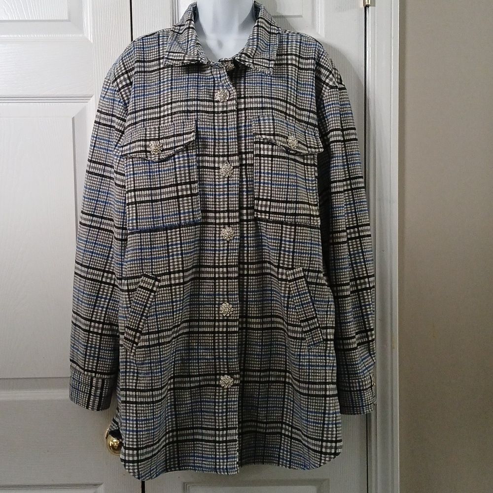 Fashion Nova Statement Maker Shacket blue black white gray Sz XL NWT